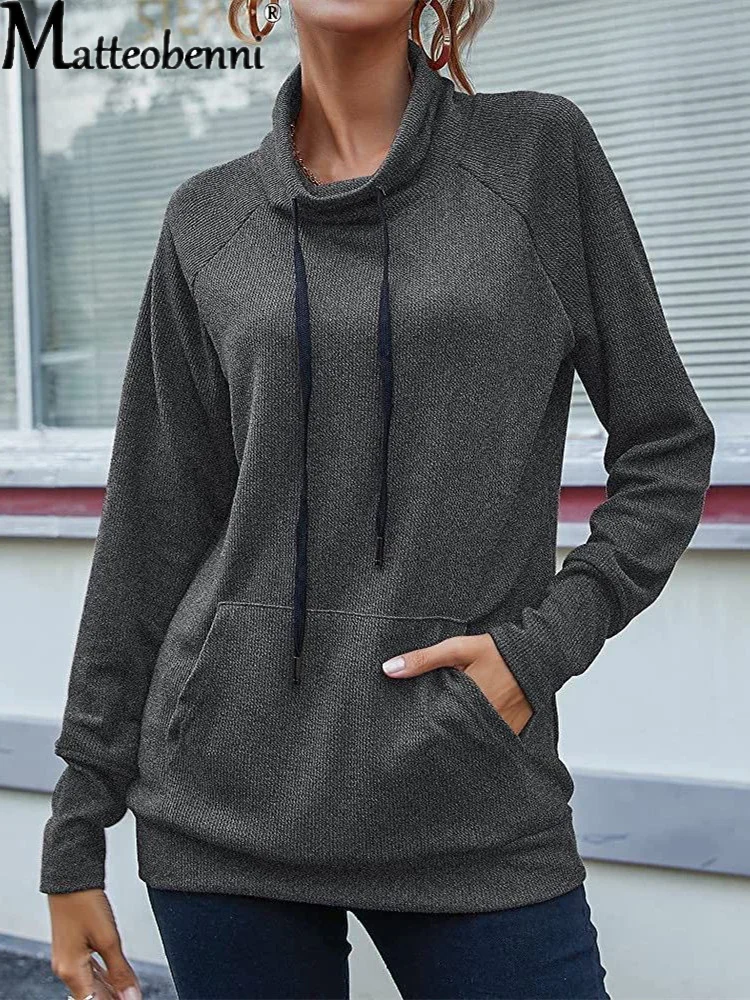 2021 New Autumn Winter Women Long Sleeve Turtleneck Sweatshirt Hoodie Fashion Solod Color Drawstring Kangaroo Pocket Pullover