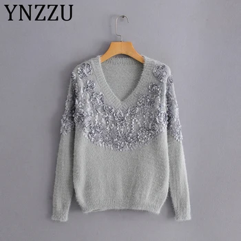 

YNZZU Sexy V Neck Imitation Mink Cashmere Soft Sweater Woman Winter 2019 Pink Flowers Petals Oversized Jumper pull femme AT360