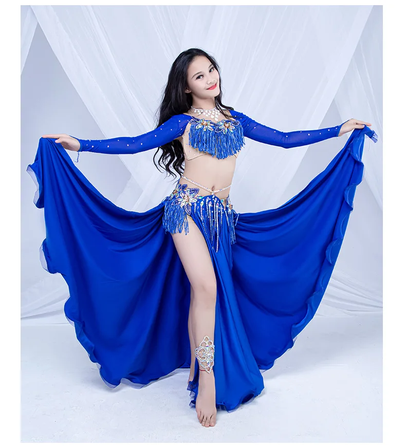Royal Blue Kids Children Belly Dance Stage Show Performance Costume 2 Piece Set(Long Sleeve Top Side Slit Skirt) Luxury Girl Oreintal Dress - Цвет: Royal Blue