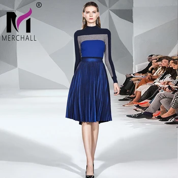 

High Quality Spring Fashion Slim-Fit Hit color Striped Knitted Sweater & Solid blue Pleated Skirt 2 Pieces Set Women Autumn