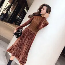  Women's Autumn and Winter Dresses 2021 Fashion A-line Draped Sweater Gold Velvet Stitching Mid-length All-match Bottoming Dress 