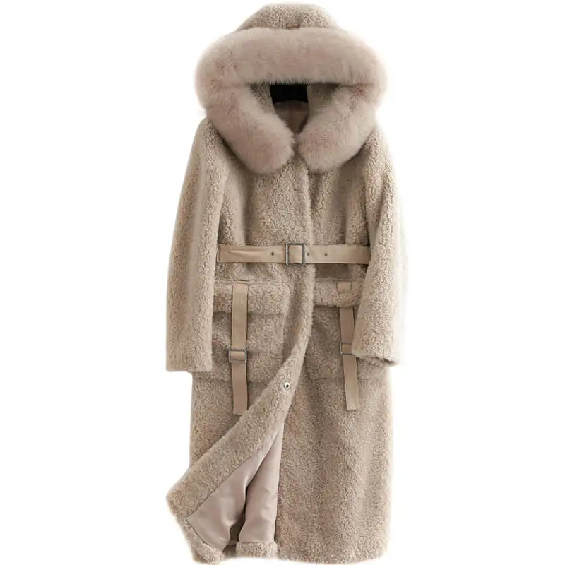 Пальто из натурального меха, женская зимняя куртка, длинная стрижка овец, шерстяное пальто, воротник из лисьего меха, женские куртки и пальто B18F38759 KJ3436