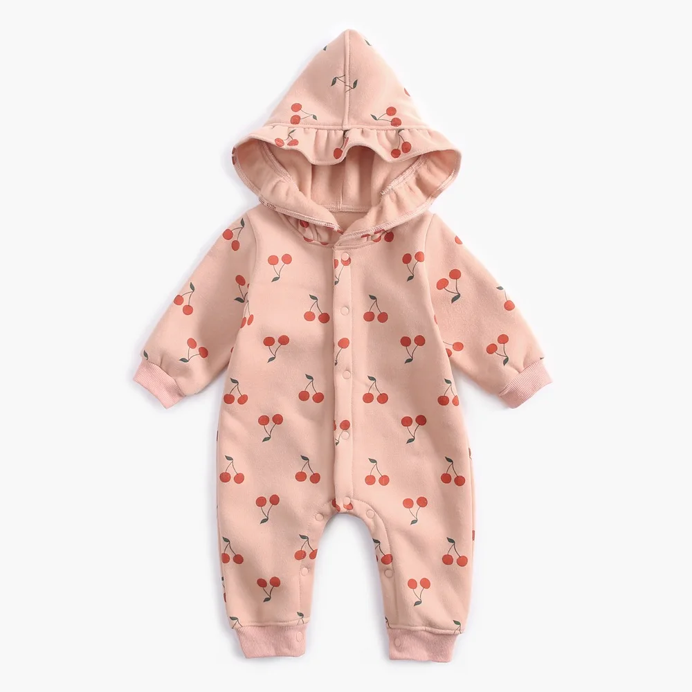 Pink Новые осенне-зимние детские ползунки с рисунком вишни, флисовые толстовки для новорожденных, детские комбинезоны для младенцев с капюшоном, детская одежда для мальчиков и девочек - Цвет: Pink