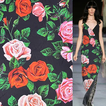 

Red and pink rose print design silk stretch satin fabric black bottom,SSC419