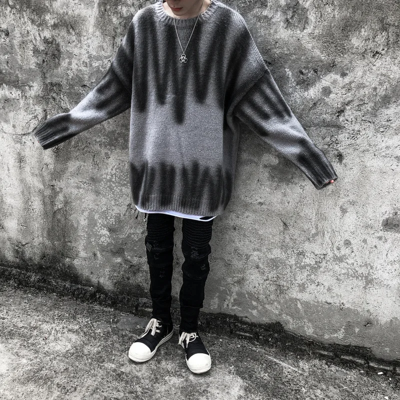 Марка New Fashion Hi Street свитер Для мужчин объемный пуловер в стиле хип-хоп Уличная свитера Для мужчин s Ретро О-образный вырез трикотаж свободные Серые Хлопковые полосатые мужские