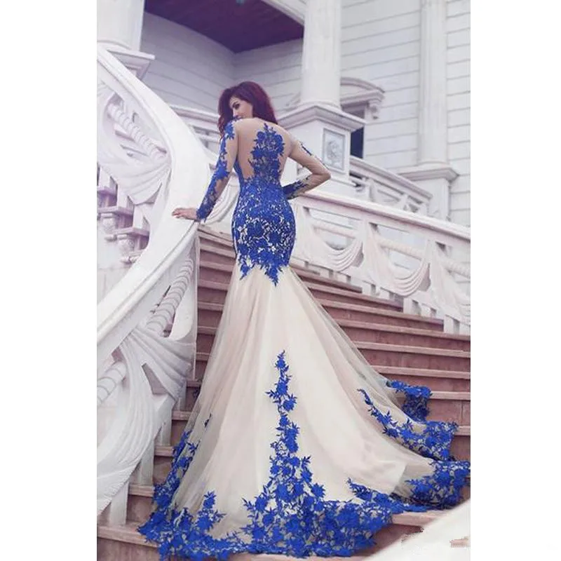 Платья для выпускного вечера поступление vestidos de gala с длинным рукавом Королевский синий вечернее платье с кружевной аппликацией платья Русалка Выпускные платья платье для выпускного вечера