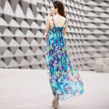 

New Silk Dress Women Elegant Summer Beach Long Blue V-neck Party dresses Women Printed High Quality Clothing Free Shipping