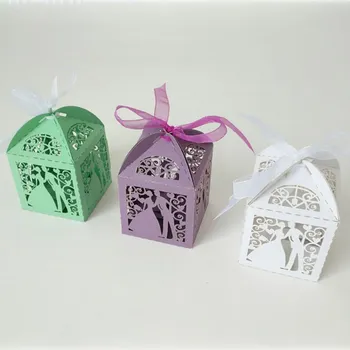 

Couple Design Luxury Lase Cut Wedding Sweets Candy Gift Favour Boxes with Ribbon Table Decorations Party Supplies Gift Boxes Bag