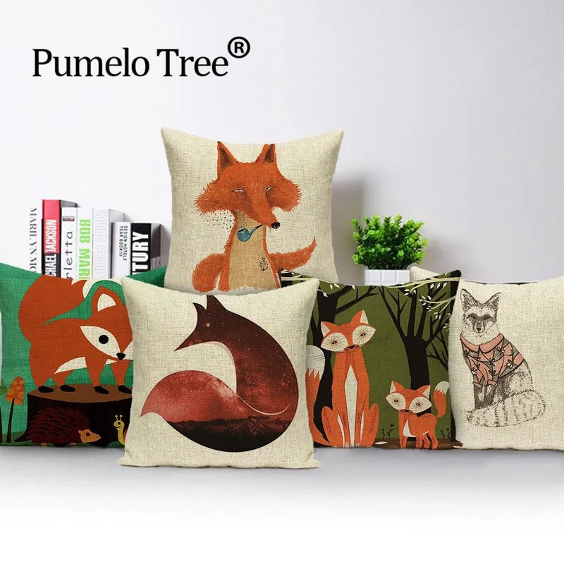 

Cartoon Fox Cushion Cover Cute Elegant Throw Pillow Linen Couch Textile Printed Car Sofa Bed Home Decorative Pillows Case Kissen