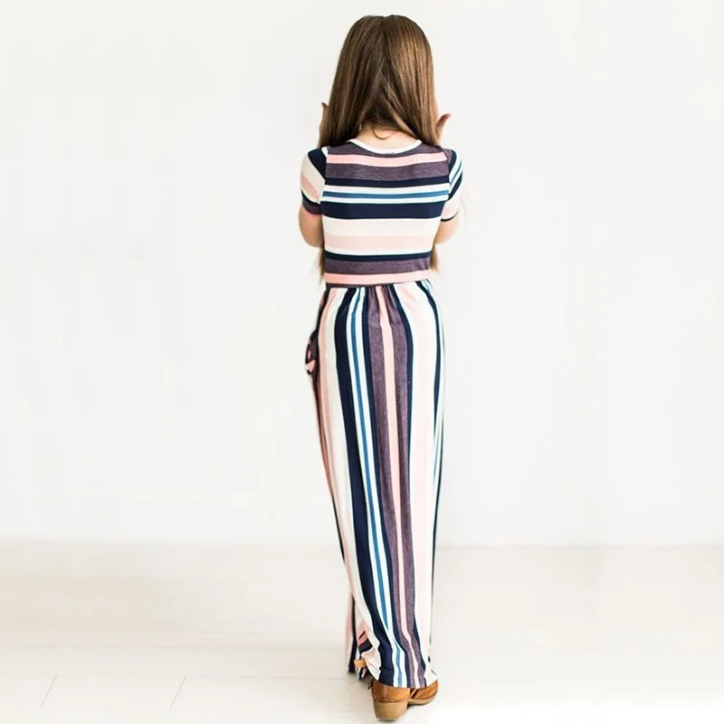 Girl Fashion Striped Princess Dress Baby Girls Hit Color Long Party Dress Children Casual Beachwear Dress Kids Beach Dresses