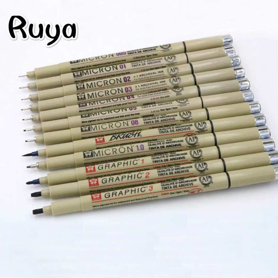 

12pc pigment Micron Sakura Neelde Soft Brush Drawing Pen 005 01 02 03 04 05 08 fine point copic Markers highlighters stabilo