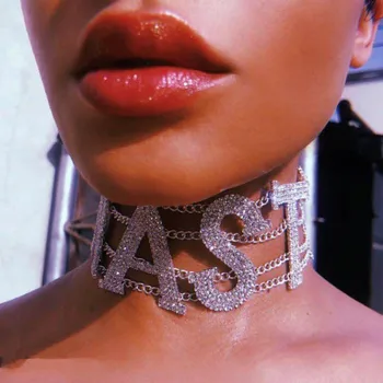 

Rhinestone Nasty letter choker necklace for women shiny night club party sexy short necklace