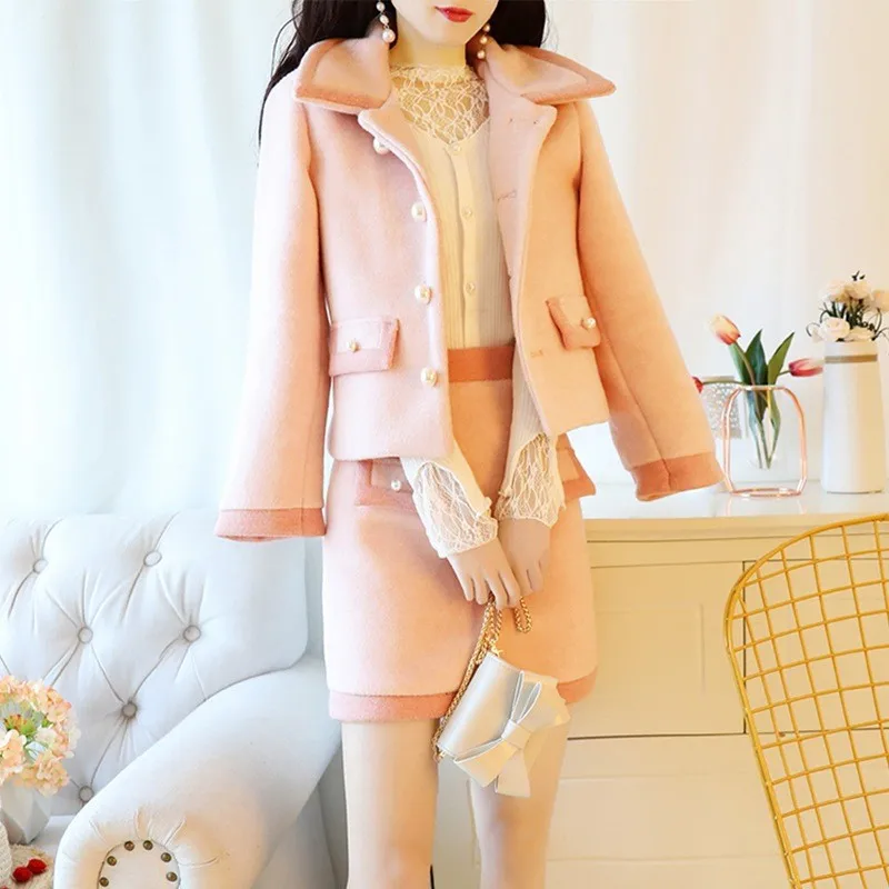 Зимняя женская сексуальная мини-юбка, комплект из двух предметов, приталенный, Kawaii, розовая шерстяная короткая куртка, наряды, одежда, костюм, Conjunto Feminino - Цвет: pink