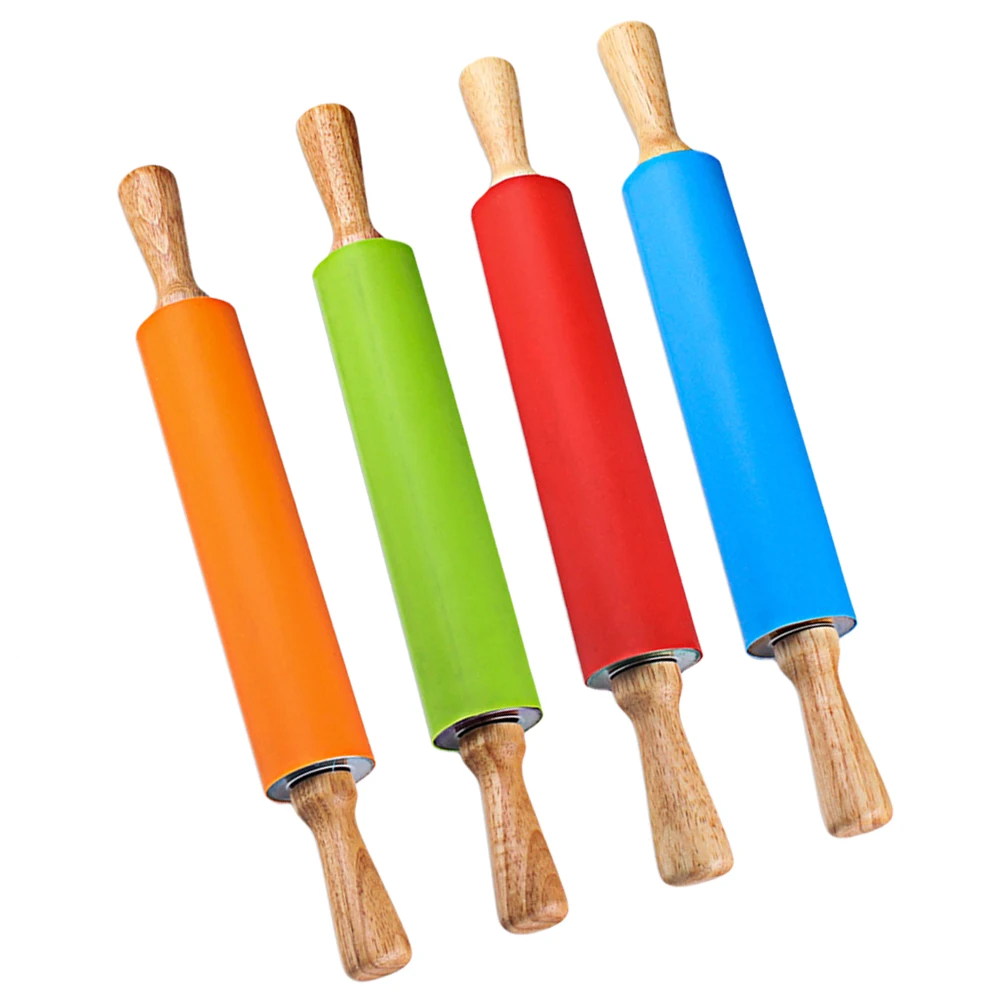 1pc Silicone Rolling Pin 38cm Non-Stick Wooden Handle Kitchen Tool For Pastry Dough Cookie Accessories Color Random