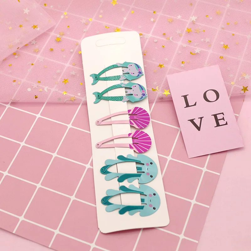6 Pcs/set Cartoon Mermaid Baby Hair Clip Lot Princess Baby Hair Pins Girls Rainbow Baby Hair Clips Accessories Metal Cute Candy