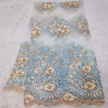 

Latest Peach+Blue African Lace Fabric 2019 High Quality Lace Embroidery French Mesh With Purple Beads Nigerian Lace Fabrics