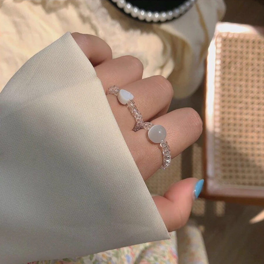 2021 New Minimalist Transparent Beads Love Heart Shell Stone Elastic Ring For Women Girls Round Acrylic Fashion Jewelry | Украшения и