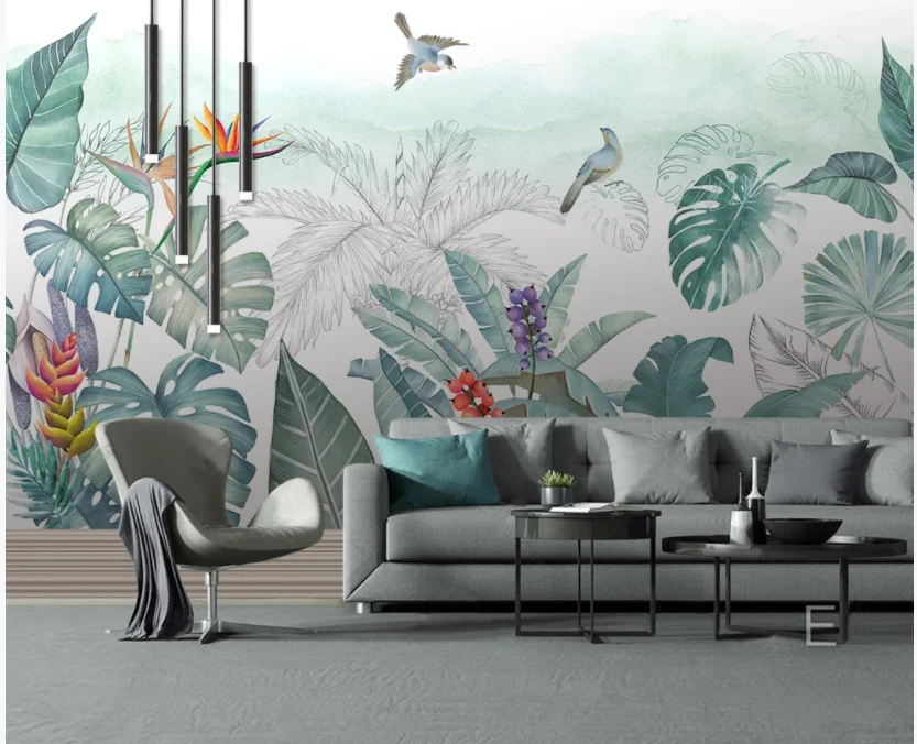 Beibehang пользовательские обои скандинавские ручная роспись маленькие свежие тропические растения цветы и птицы ТВ диван фон 3d обои