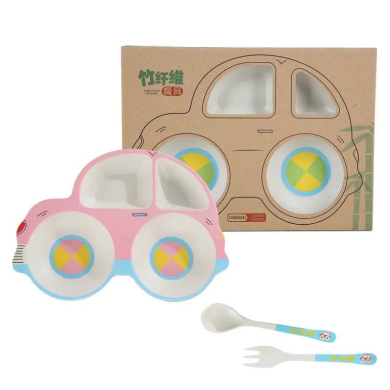 

3pcs Baby Bamboo Fiber Tableware Feeding Food Dishes Cartoon Car Bowl Spoon Fork Set Food Fruit For Toddler Eating Dinnerware