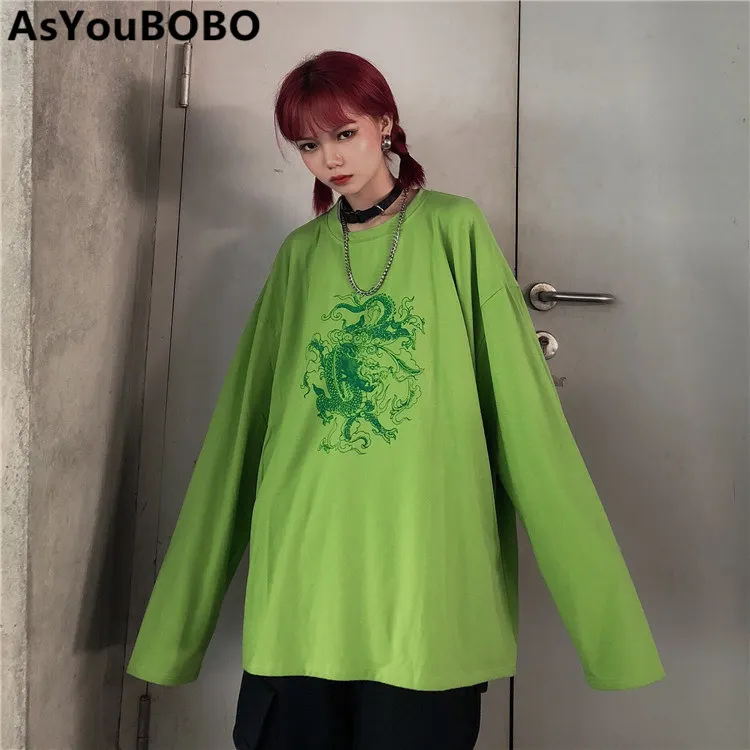 Харадзюку ins Горячая Панк крутая Винтажная с рисунком дракона зеленая свободная негабаритная унисекс футболка с длинным рукавом YQ-1029