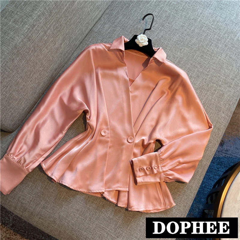 

2020 New Spring Irregular Oblique Long Sleeve Satin Shirts Solid Color Office Lady Elegant Blouse Blusas Female Tops
