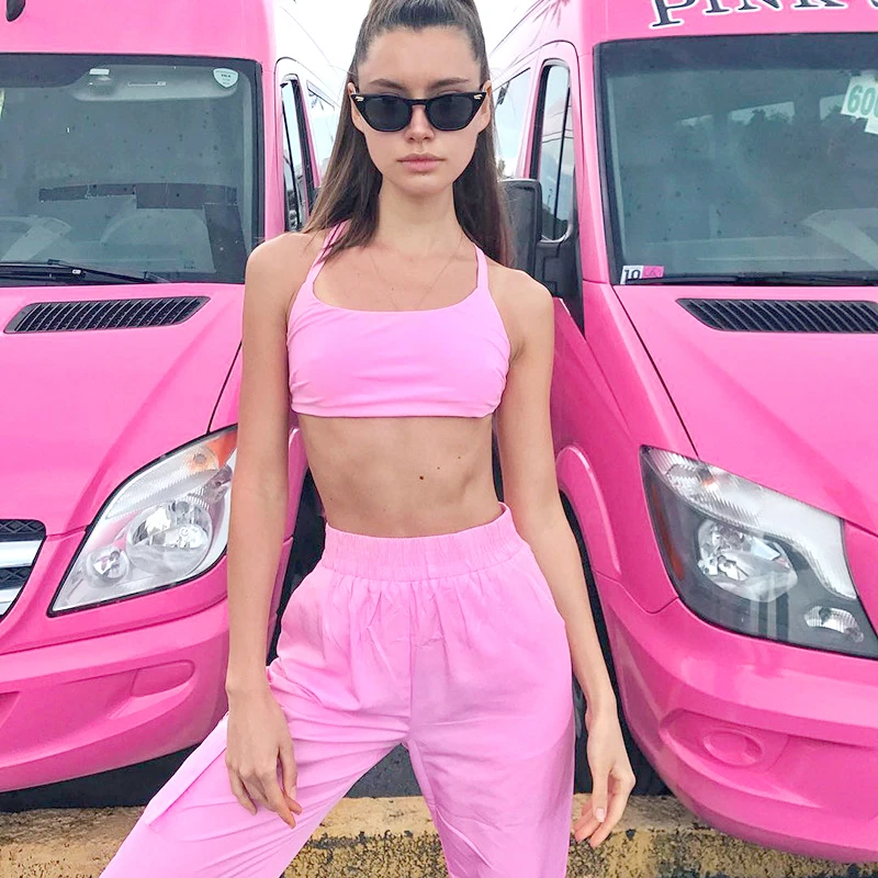 

Women Summer Two Pieces Set Pink Tracksuit Female Bandage Cropped Tank Top & Loose Pants Sportswear Set Chic Lovely Outfits 2020