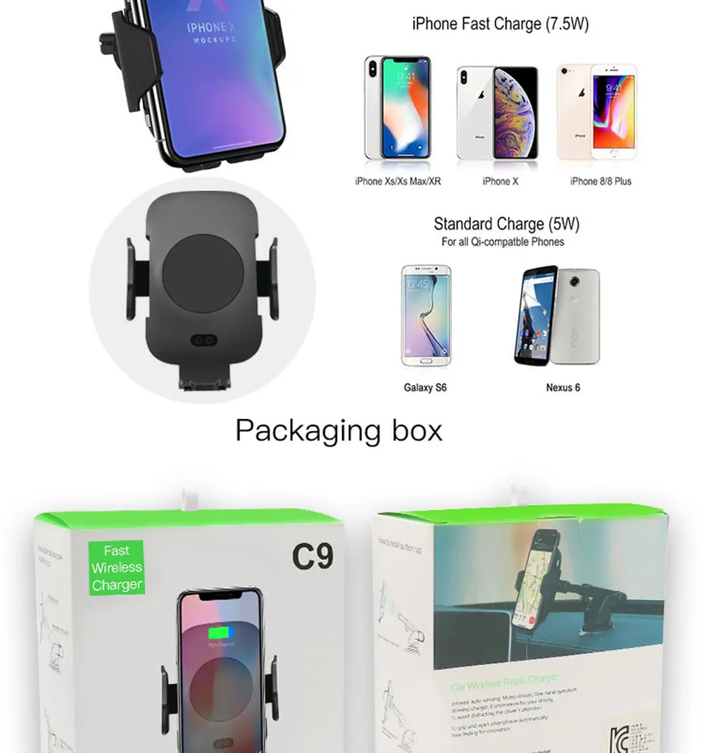 10W Qi Wireless Car Charger for IPhone Xs X Samsung S10 S9 Millet Fast Wireless Automatic Fastening Car Phone Charging Stand