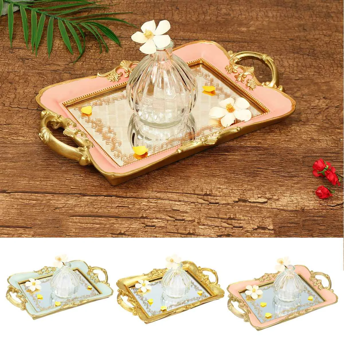

32X21CM Mirror Cosmetics Makeup Organizer Jewelry Storage Accessories Display Tray Decoration Case PINK/GREEN/GOLD
