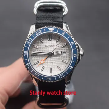 

Sapphire crystal Bliger 41mm white dial luminous marks blue ceramic bezel GMT function self-winding movement men's wrist watch