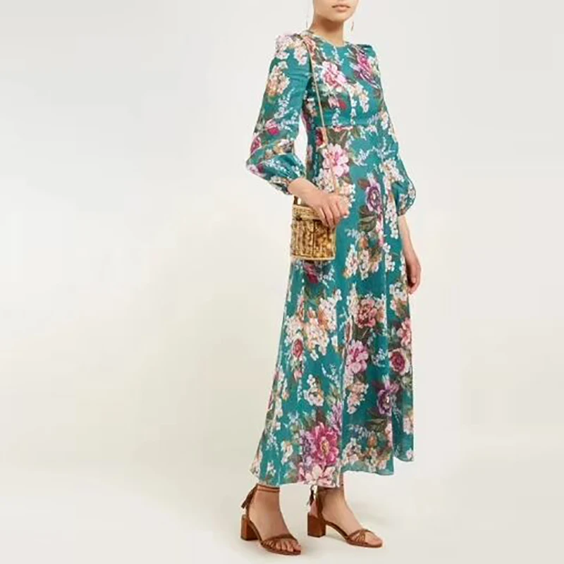 

Lin Floral manches bouffantes robe longue 2019 femmes vacation automne qualité bohème à manches longues robe imprimé Maxi robe