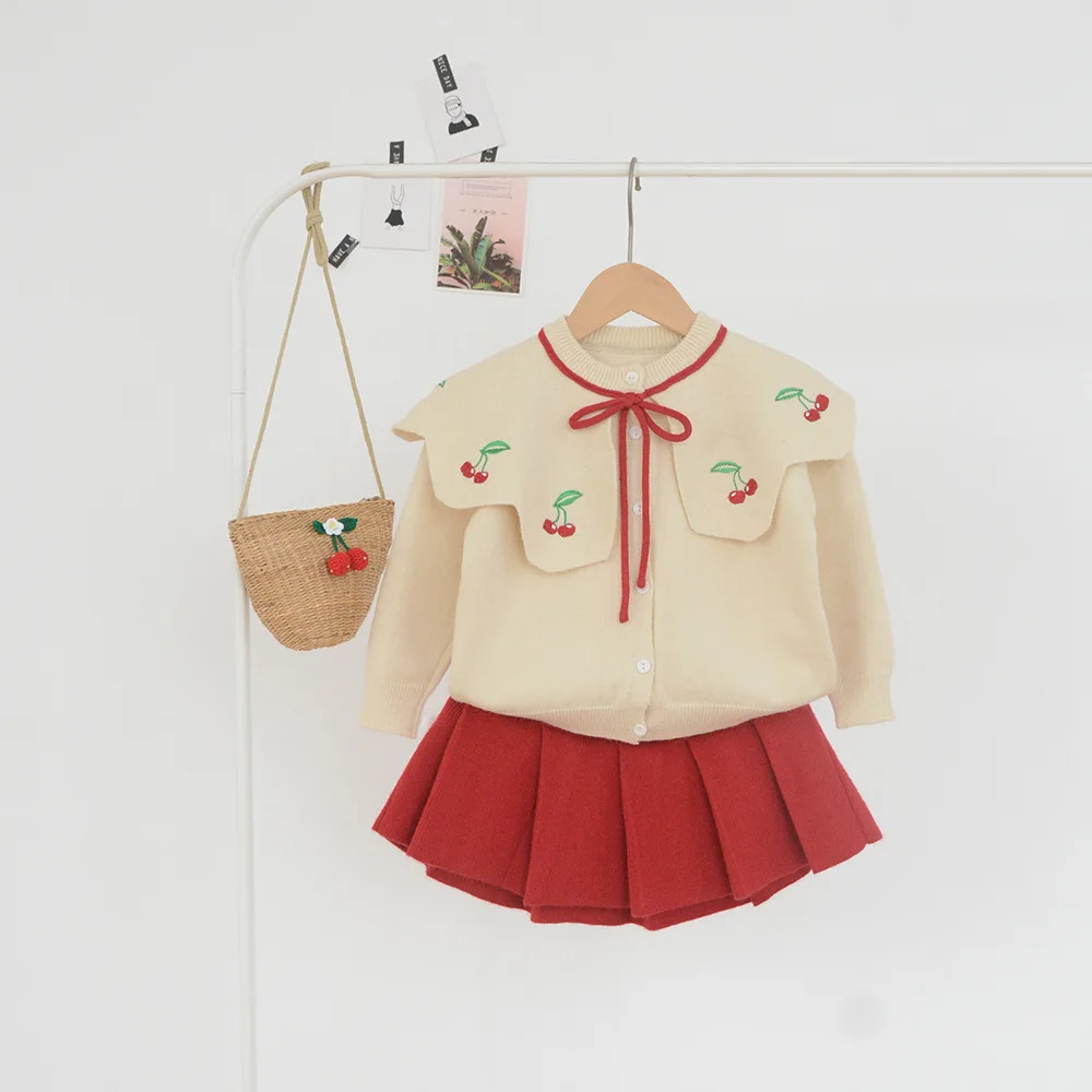 

2020 Spring Korean Style Baby Clothing Knitted Clothing Sets Cherry Cardigan Sweater Pleated Skirt 2pcs Kids Suits Cute Outfits