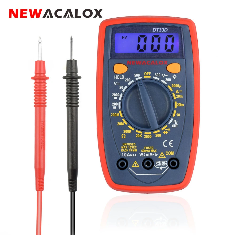 NEWACALOX DT33 ЖК-цифровой мультиметр задний светильник AC/DC Амперметр Вольтметр Ом портативный клещи измеритель емкости тестер
