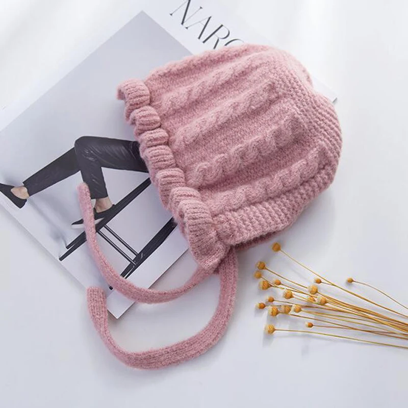 pink Шапки для девочек, красивые розовые осенние шапочки с бантом, высокое качество, вязаная теплая Защитная повязка с ушками, зимняя шапка - Цвет: pink