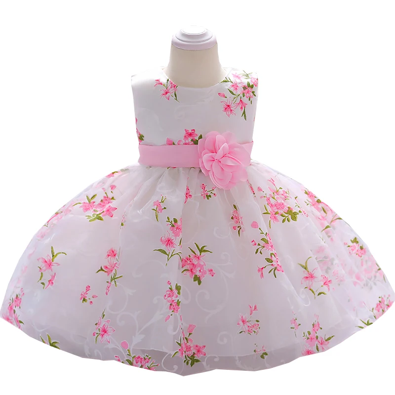 Satin Bead Bow Princess Dress White Wedding Tutu Dress Birthday Evening Party Dress Baby Dress for Girl Clothes 1 Year WG-003 - Цвет: pink