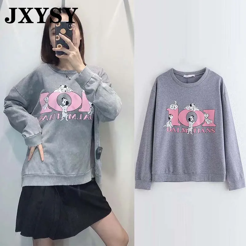 JXYSY, зимние толстовки, Женская толстовка, уличная, винтажная, с мультяшным принтом пятнистой собаки, теплая толстовка с капюшоном, женские топы