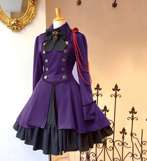 Vintage Gothic Lolita Dress OP Ruffle Bow tie Button Lace Up Knee Length Dress Long Sleeve Sweet