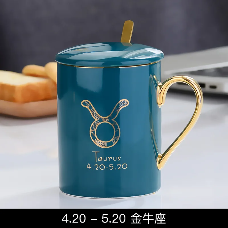 Создать в скандинавском стиле 12 чашка со знаком зодиака керамическая кружка с ложка крышка большая емкость чашка домашняя кофейная кружка лучшие подарки - Цвет: Taurus