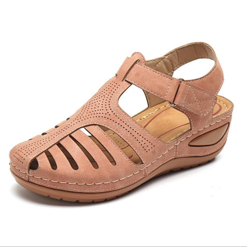Повседневная Летняя женская обувь на плоской подошве; мужские сандалии в ретро-стиле с вырезами; обувь с круглым носком на танкетке в Западном азиатском стиле; большие размеры; NSE7411 - Цвет: PINK