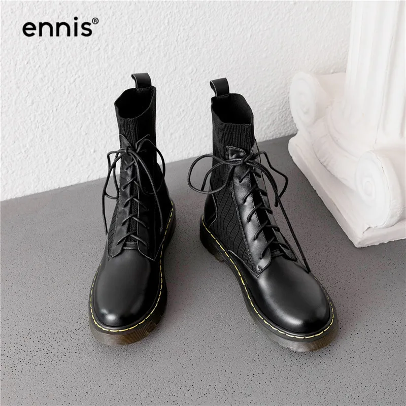 ENNIS/ г.; дизайнерские ботинки; обувь martin; женские ботильоны из натуральной кожи; вязаные эластичные ботинки на платформе со шнуровкой; обувь на плоской подошве; A9170
