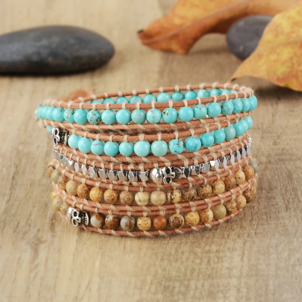 turquoise-yellow Уникальные бирюзовые бусы, 5 нитей, браслеты, натуральные камни, ручная работа, Бохо Браслет, женские кожаные браслеты, Прямая поставка - Окраска металла: turquoise-yellow
