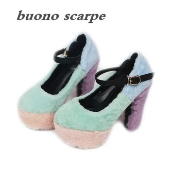 

Sheep shearing super high heel 14CM high round head thick with high heels waterproof platform fur shoes