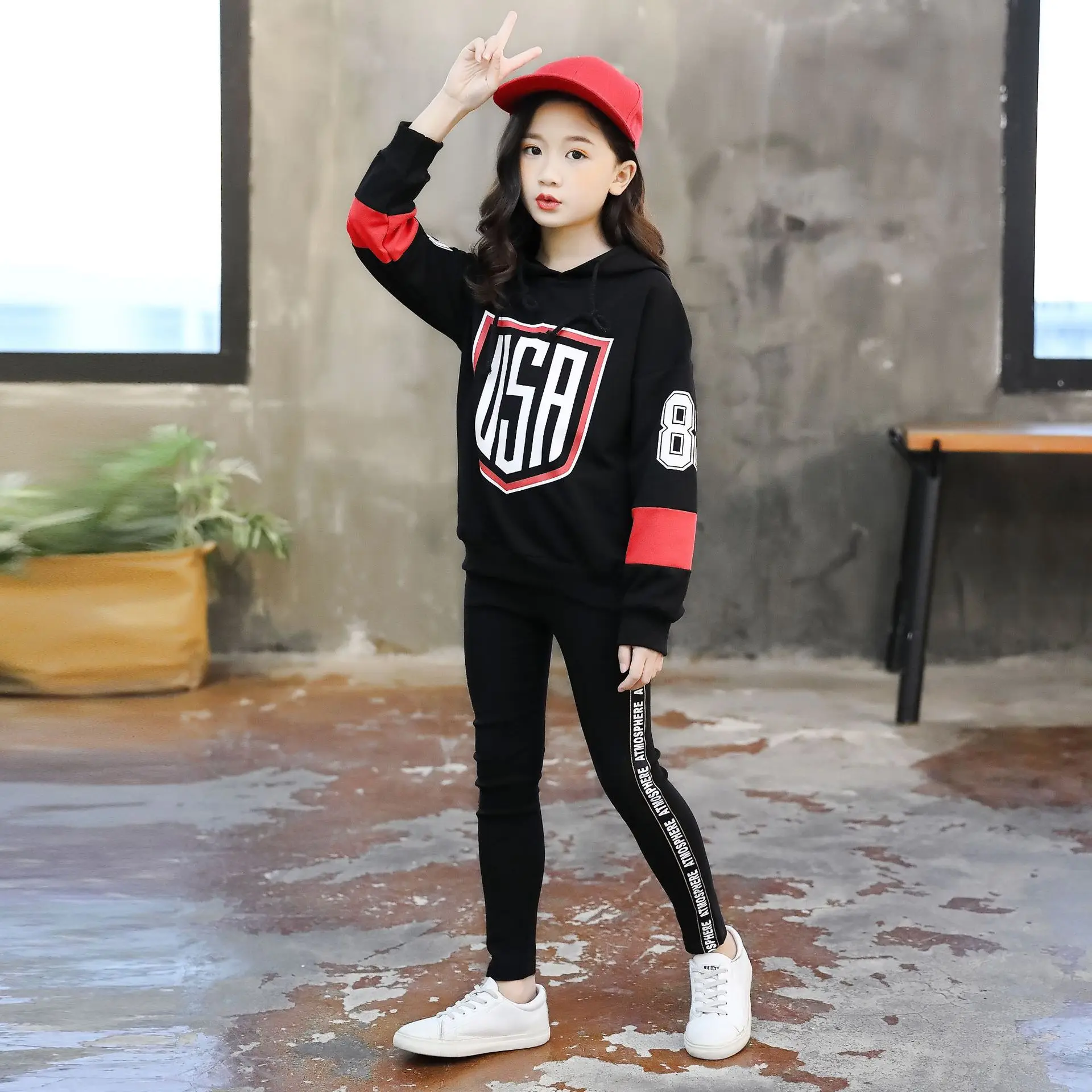 

Autumn New Style Big Boy GIRL'S Suit Korean-style Long Sleeve Hoodie Printed Letter Webbing Trousers Two-Piece Set