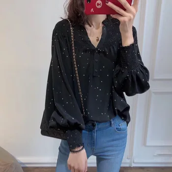 

100% Silk Women Shirt Fashion Clothing Lantern Sleeve Full Silk Loose Shirt Top