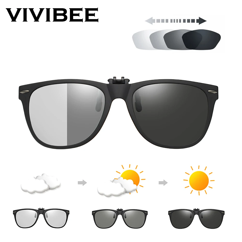 VIVIBEE Men Photochromic Polarized Lens Flip Up Clip on Sunglasses Women Driving Sun Glasses with Clips 2019 Trending Product