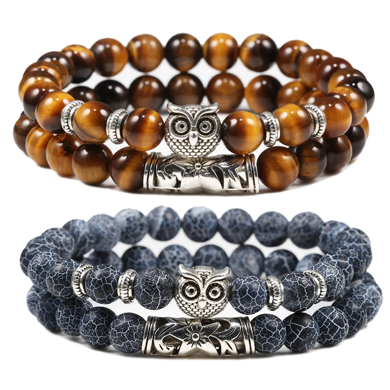 Natural Stone Bracelet Black Lava Tiger Eye Weathered Stone Bracelets Bangles Classic Owl Beaded Charm for Women and Men Yoga Jewelry