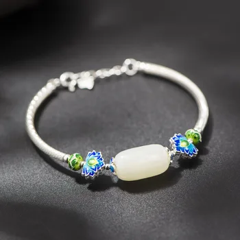 

Starfield Jewelry 925 Silver Bracelet Cloisonne Enamel Lotus Flower Inlaid Hetian Jade Beads Sterling Silver Bracelet