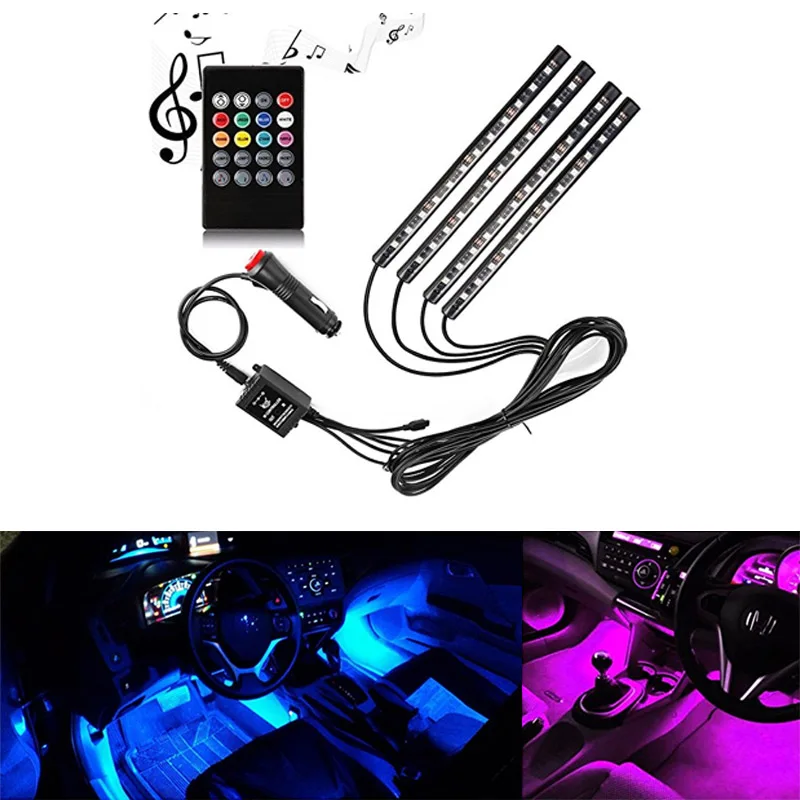Автомобильный RGB светодиодный музыкальный голосовой Звук управление интерьер автомобиля декоративный атмосферу Автоматическая RGB путь пол полосы света дистанционное управление 12 В - Испускаемый цвет: 12 led music control