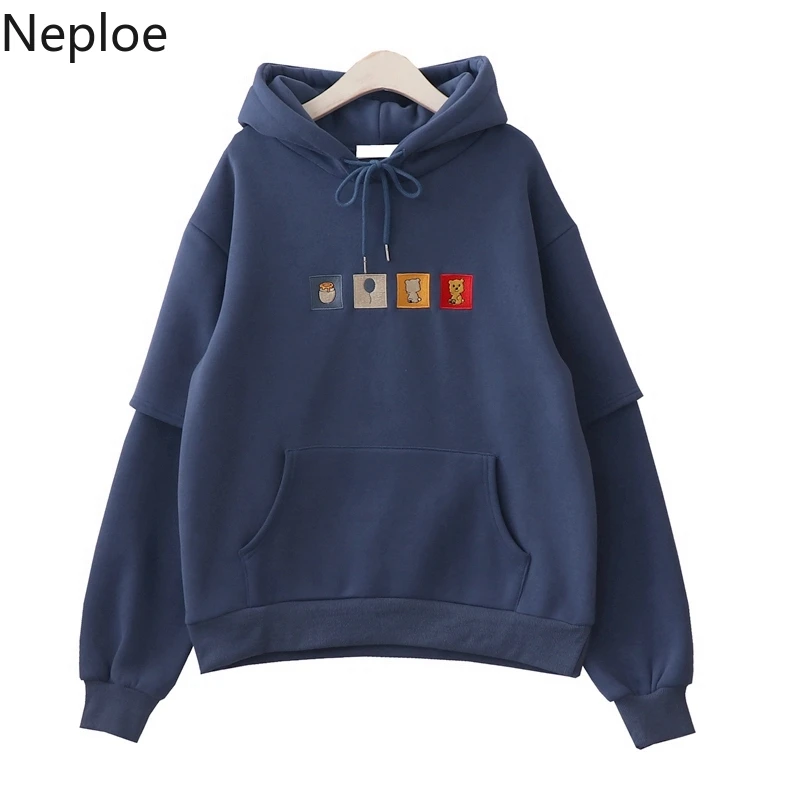 Neploe японский мультфильм Вышивка толстовки с капюшоном для женщин и мужчин повседневная одежда осень зима плюс бархатный пуловер Толстовка 56620