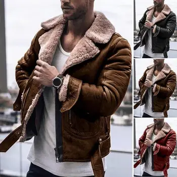 

New Fashion Jacket Men Faux Fur Lapel Collar Long Sleeve Vintage Leather Jacket Warm Outwear Motorcycle Leather Jacket Coat Men