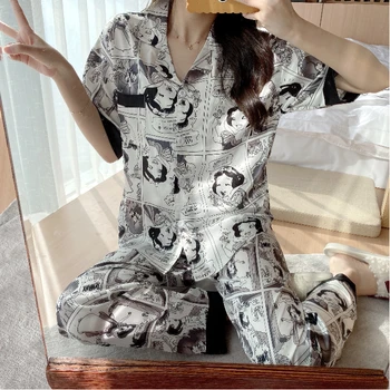 

Fuuny Silk Pajama Sets For Women 2 Pcs Short Sleeve Long Trousers Loose Comfort Pyjamas Good Quality Pijama Casual Sleepwear